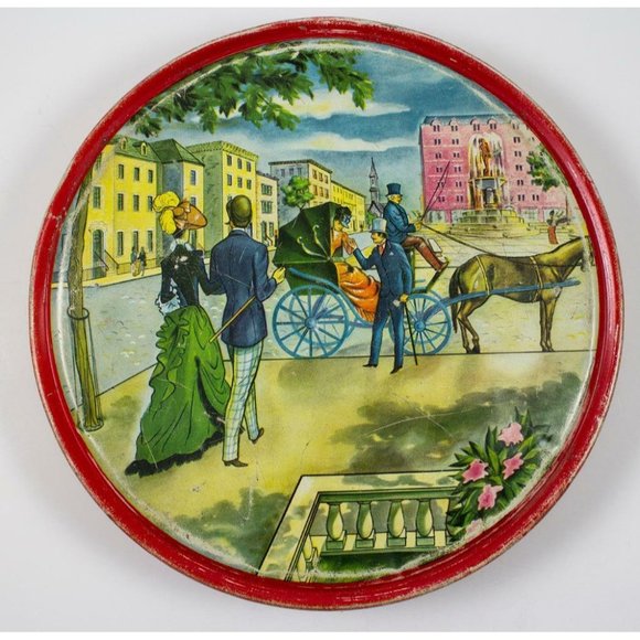 Vintage 1950's Barricini Candies Round Tin w/Lid Horse & Carriage NYC 8.5" - Picture 9 of 9